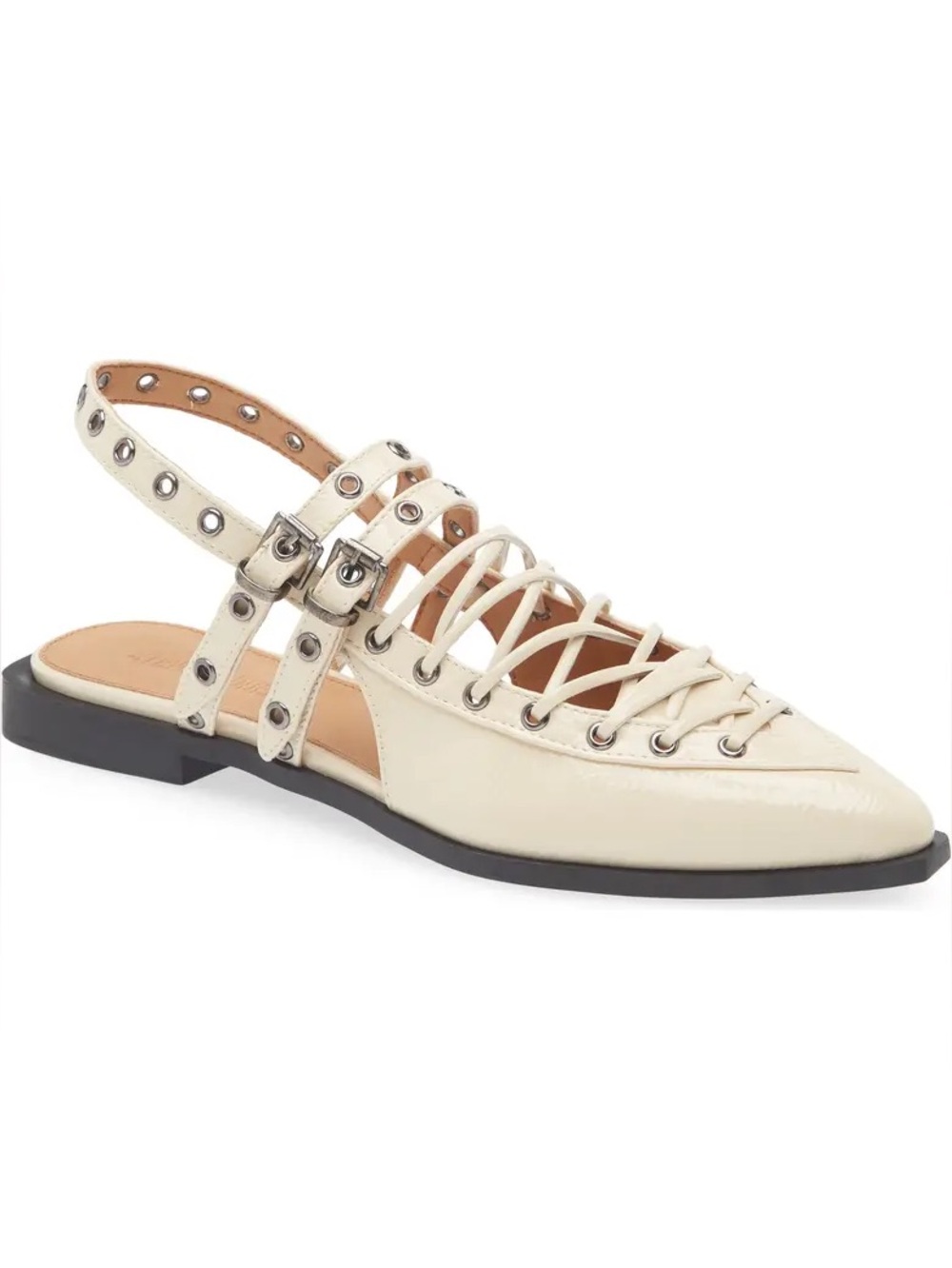 Steve Madden Galanti  cream Patent Leather Flats with Straps and grommets 9